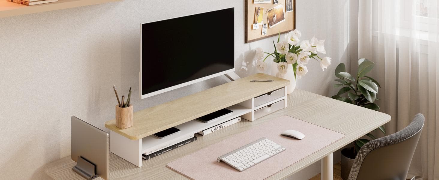 Fenge Dual Monitor Riser for Desk, Open Shelf with 3 Storage Compartments | 42.5in Computer Monitor Stand, 2-Tier Desk Shelf for Top of Desk, One-Piece Panel, fits Ultrawide Monitor, PC, Laptop, Brown