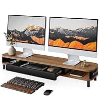 Fenge Dual Monitor Riser for Desk, Open Shelf with 3 Storage Compartments | 42.5in Computer Monitor Stand, 2-Tier Desk Shelf for Top of Desk, One-Piece Panel, fits Ultrawide Monitor, PC, Laptop, Brown