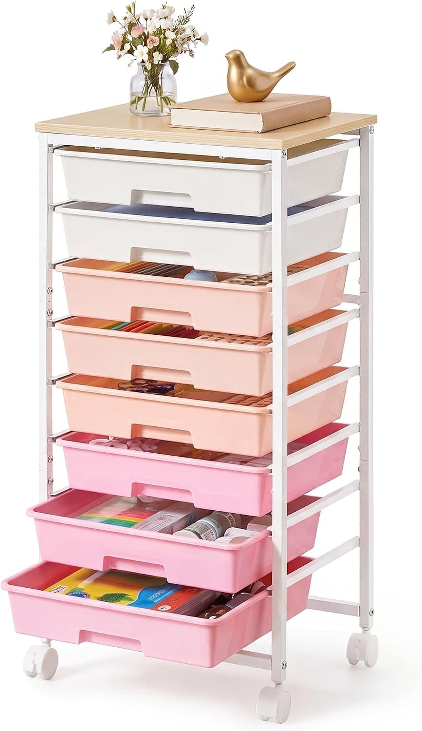 VASAGLE Rolling Cart with Drawers,5 Drawers Storage Cart, Green and White | Utility Cart, Craft Organizers and Storage, 15.6 x 11.2 x 24.8 inch, for Classroom, Office, Dorm, Metal, ULRC005C101