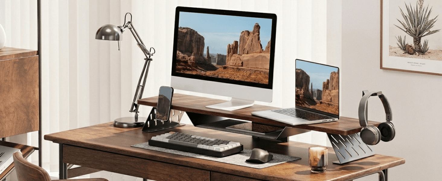 Fenge Dual Monitor Riser for Desk, Open Shelf with 3 Storage Compartments | 42.5in Computer Monitor Stand, 2-Tier Desk Shelf for Top of Desk, One-Piece Panel, fits Ultrawide Monitor, PC, Laptop, Brown