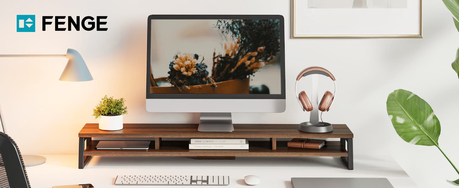 Fenge Dual Monitor Riser for Desk, Open Shelf with 3 Storage Compartments | 42.5in Computer Monitor Stand, 2-Tier Desk Shelf for Top of Desk, One-Piece Panel, fits Ultrawide Monitor, PC, Laptop, Brown