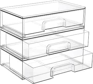 Vtopmart 12.1''W Clear Stackable Storage Drawers,3 Pack Acrylic Plastic Organizers Bins for Makeup Palettes, Cosmetics, and Beauty Supplies,Ideal for Vanity, Bathroom,Cabinet,Desk Organization