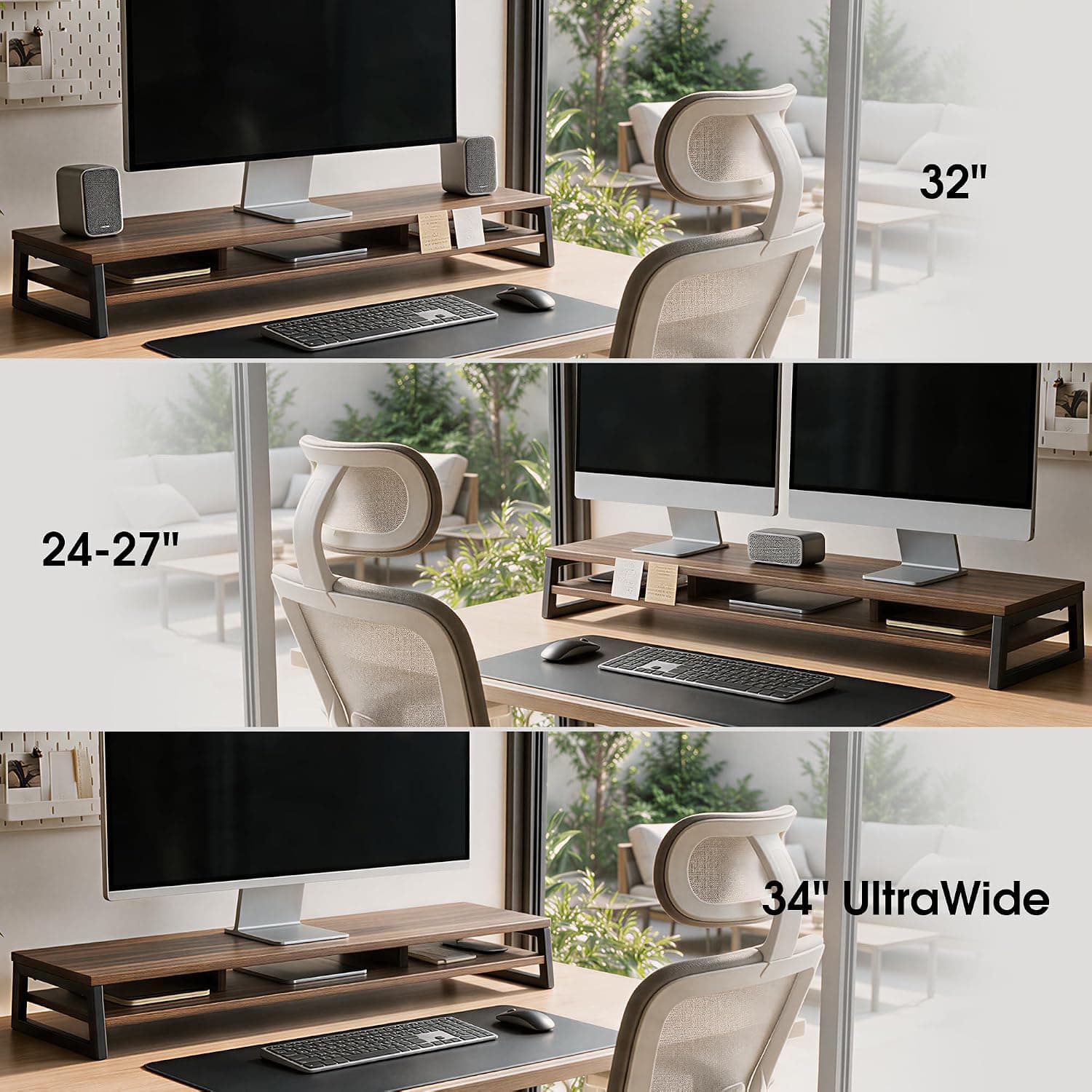 Fenge Dual Monitor Riser for Desk, Open Shelf with 3 Storage Compartments | 42.5in Computer Monitor Stand, 2-Tier Desk Shelf for Top of Desk, One-Piece Panel, fits Ultrawide Monitor, PC, Laptop, Brown