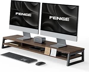 Fenge Dual Monitor Riser for Desk, Open Shelf with 3 Storage Compartments | 42.5in Computer Monitor Stand, 2-Tier Desk Shelf for Top of Desk, One-Piece Panel, fits Ultrawide Monitor, PC, Laptop, Brown