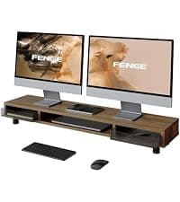 Fenge Dual Monitor Riser for Desk, Open Shelf with 3 Storage Compartments | 42.5in Computer Monitor Stand, 2-Tier Desk Shelf for Top of Desk, One-Piece Panel, fits Ultrawide Monitor, PC, Laptop, Brown