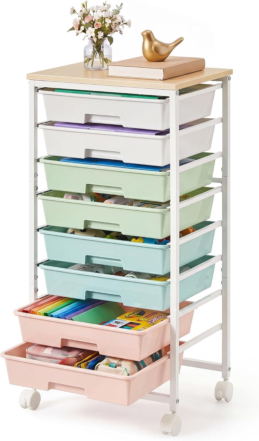 VASAGLE Rolling Cart with Drawers,5 Drawers Storage Cart, Green and White | Utility Cart, Craft Organizers and Storage, 15.6 x 11.2 x 24.8 inch, for Classroom, Office, Dorm, Metal, ULRC005C101