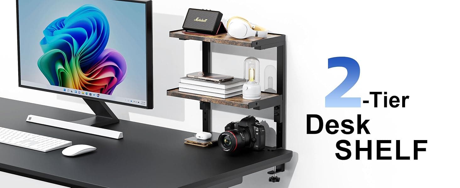 2-Tier Desk Shelf | Desk Organization Expandable Clamp on Desk Shelf Desktop Accessories for Offices and Game Rooms (Wood)
