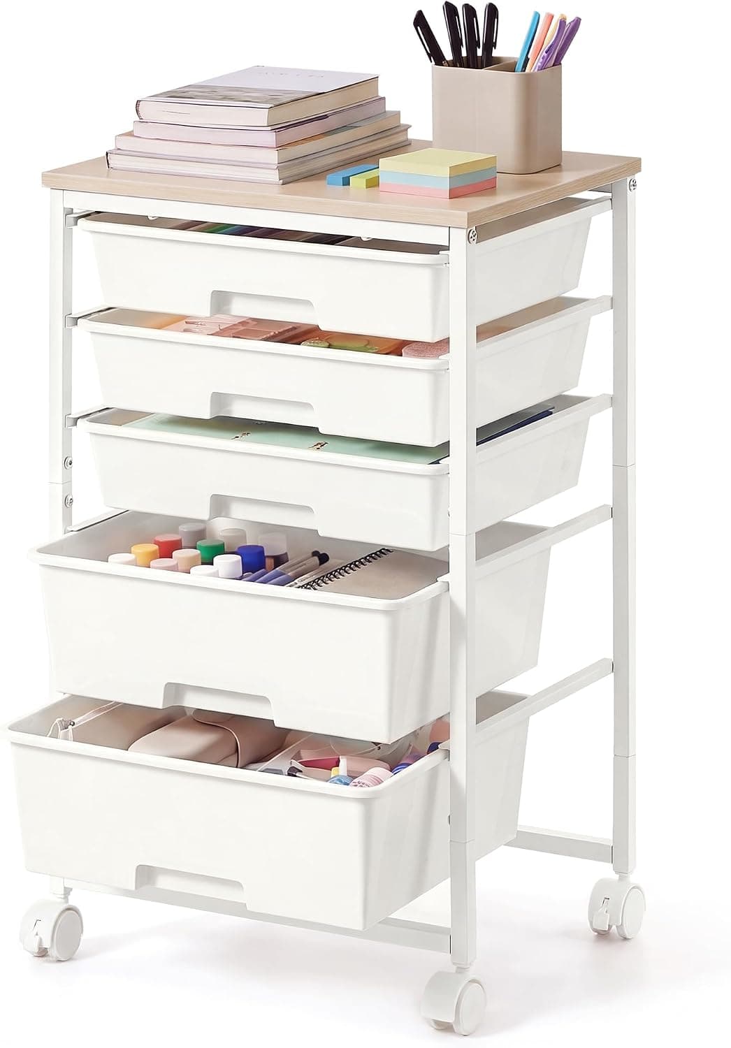 VASAGLE Rolling Cart with Drawers,5 Drawers Storage Cart, Green and White | Utility Cart, Craft Organizers and Storage, 15.6 x 11.2 x 24.8 inch, for Classroom, Office, Dorm, Metal, ULRC005C101