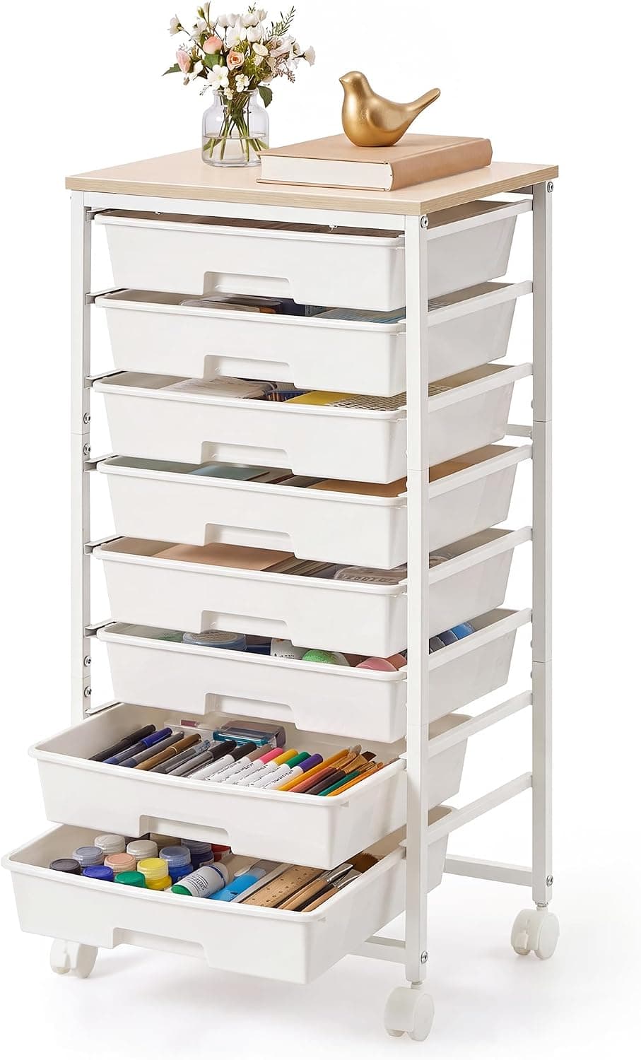VASAGLE Rolling Cart with Drawers,5 Drawers Storage Cart, Green and White | Utility Cart, Craft Organizers and Storage, 15.6 x 11.2 x 24.8 inch, for Classroom, Office, Dorm, Metal, ULRC005C101
