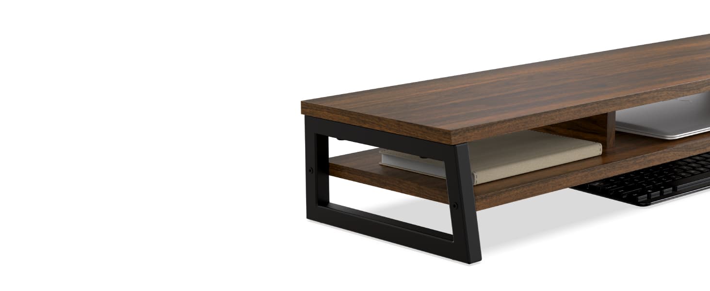 Fenge Dual Monitor Riser for Desk, Open Shelf with 3 Storage Compartments | 42.5in Computer Monitor Stand, 2-Tier Desk Shelf for Top of Desk, One-Piece Panel, fits Ultrawide Monitor, PC, Laptop, Brown