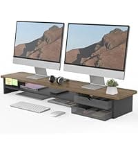 Fenge Dual Monitor Riser for Desk, Open Shelf with 3 Storage Compartments | 42.5in Computer Monitor Stand, 2-Tier Desk Shelf for Top of Desk, One-Piece Panel, fits Ultrawide Monitor, PC, Laptop, Brown