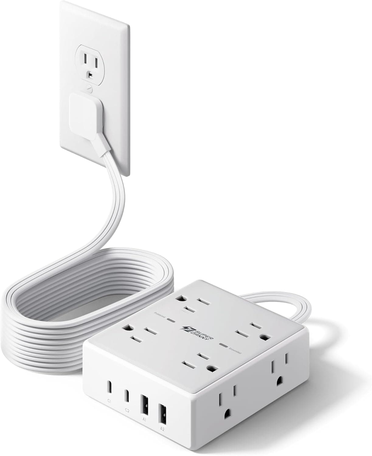 SUPERDANNY Extension Cord, Flat Plug Surge Protector Power Strip, 10Ft