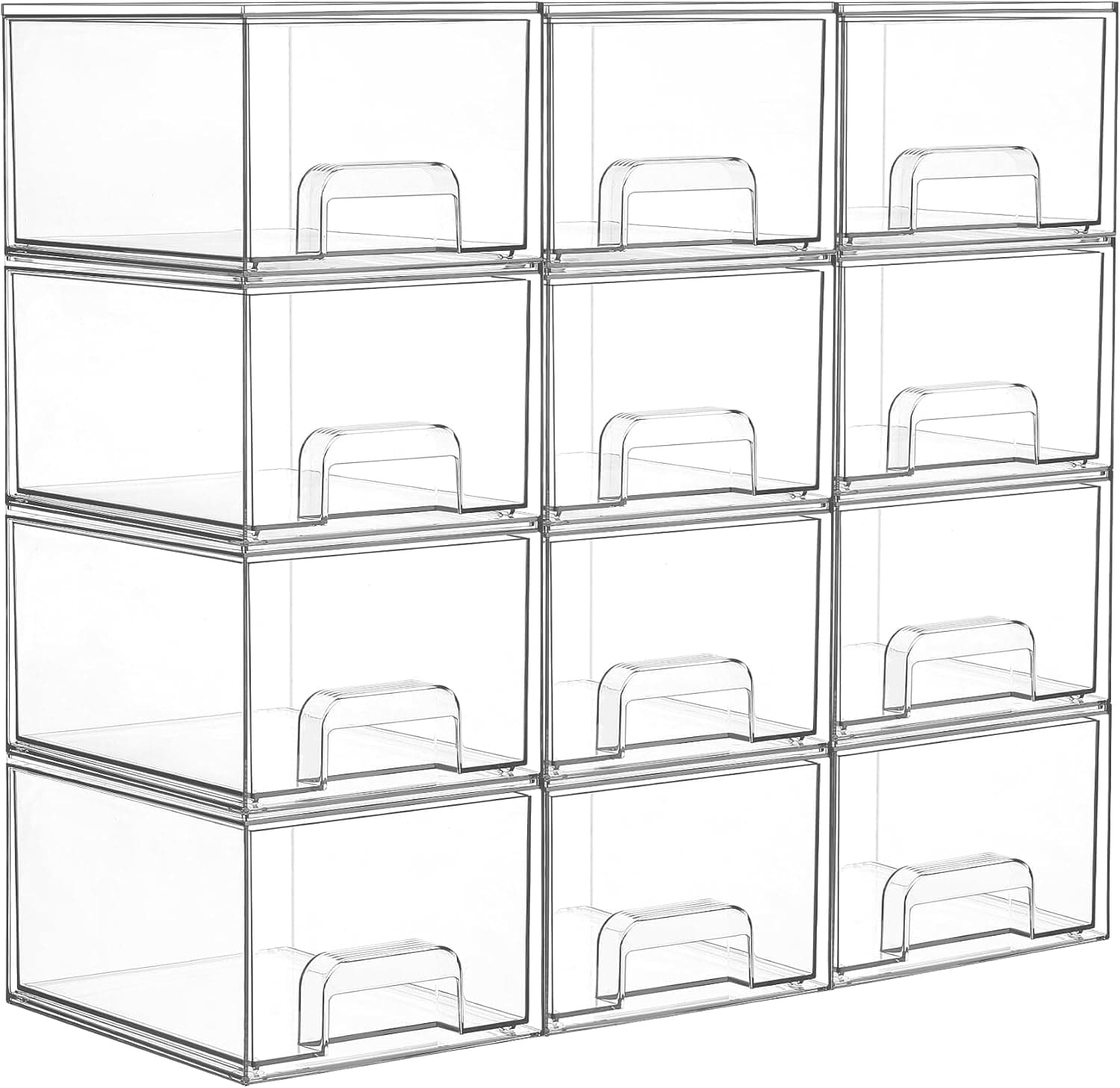 Vtopmart 12.1''W Clear Stackable Storage Drawers,3 Pack Acrylic Plastic Organizers Bins for Makeup Palettes, Cosmetics, and Beauty Supplies,Ideal for Vanity, Bathroom,Cabinet,Desk Organization