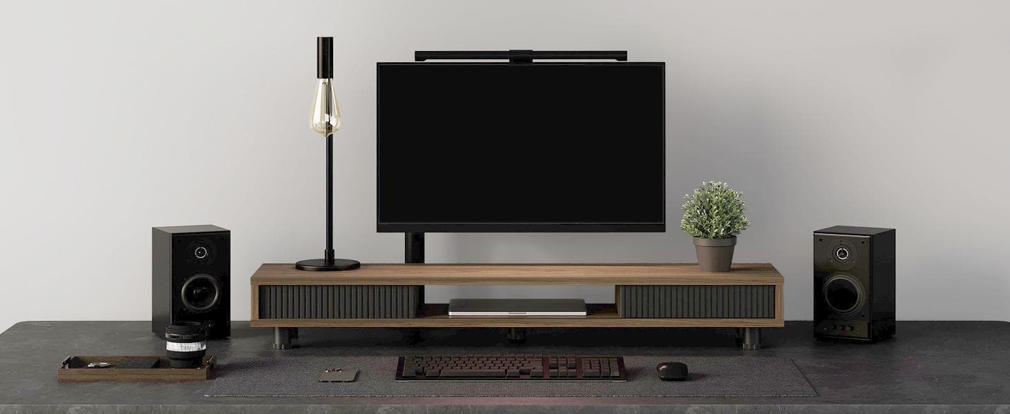 Fenge Dual Monitor Riser for Desk, Open Shelf with 3 Storage Compartments | 42.5in Computer Monitor Stand, 2-Tier Desk Shelf for Top of Desk, One-Piece Panel, fits Ultrawide Monitor, PC, Laptop, Brown