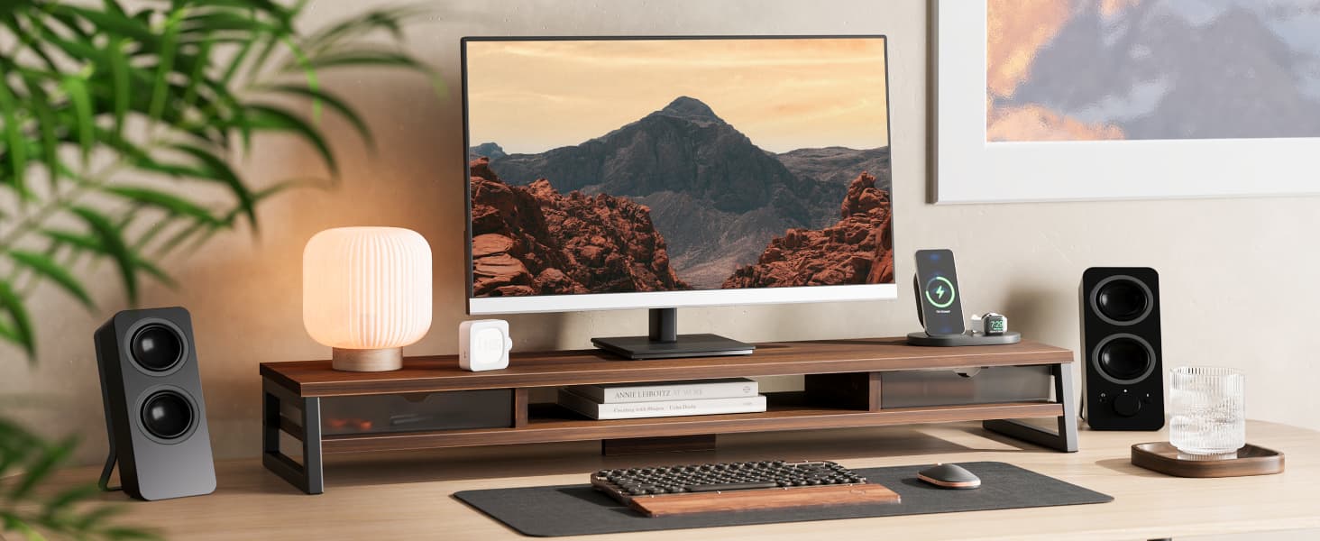 Fenge Dual Monitor Riser for Desk, Open Shelf with 3 Storage Compartments | 42.5in Computer Monitor Stand, 2-Tier Desk Shelf for Top of Desk, One-Piece Panel, fits Ultrawide Monitor, PC, Laptop, Brown
