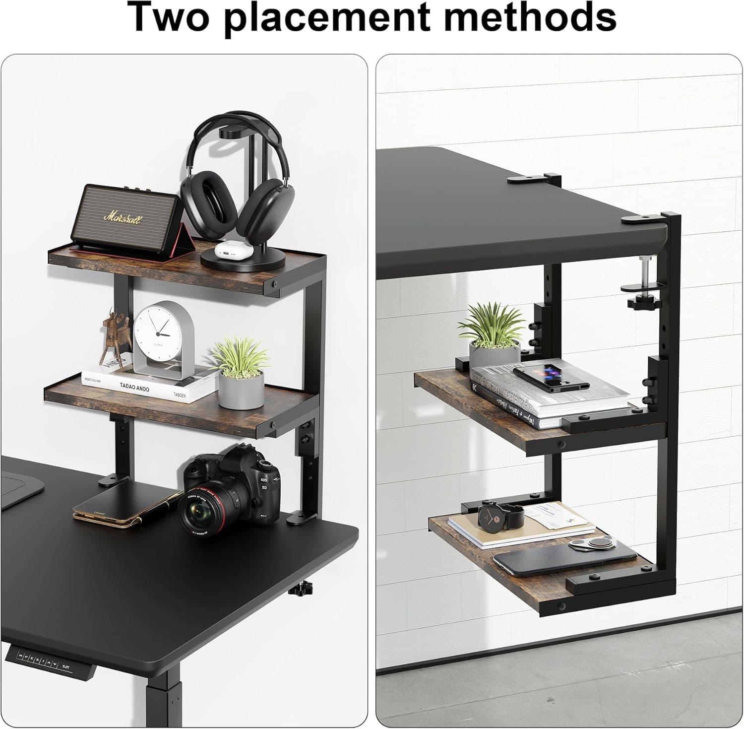 2-Tier Desk Shelf | Desk Organization Expandable Clamp on Desk Shelf Desktop Accessories for Offices and Game Rooms (Wood)