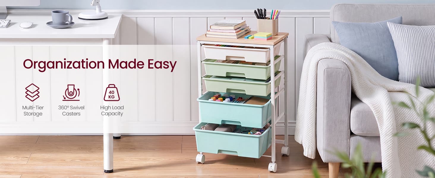 VASAGLE Rolling Cart with Drawers,5 Drawers Storage Cart, Green and White | Utility Cart, Craft Organizers and Storage, 15.6 x 11.2 x 24.8 inch, for Classroom, Office, Dorm, Metal, ULRC005C101