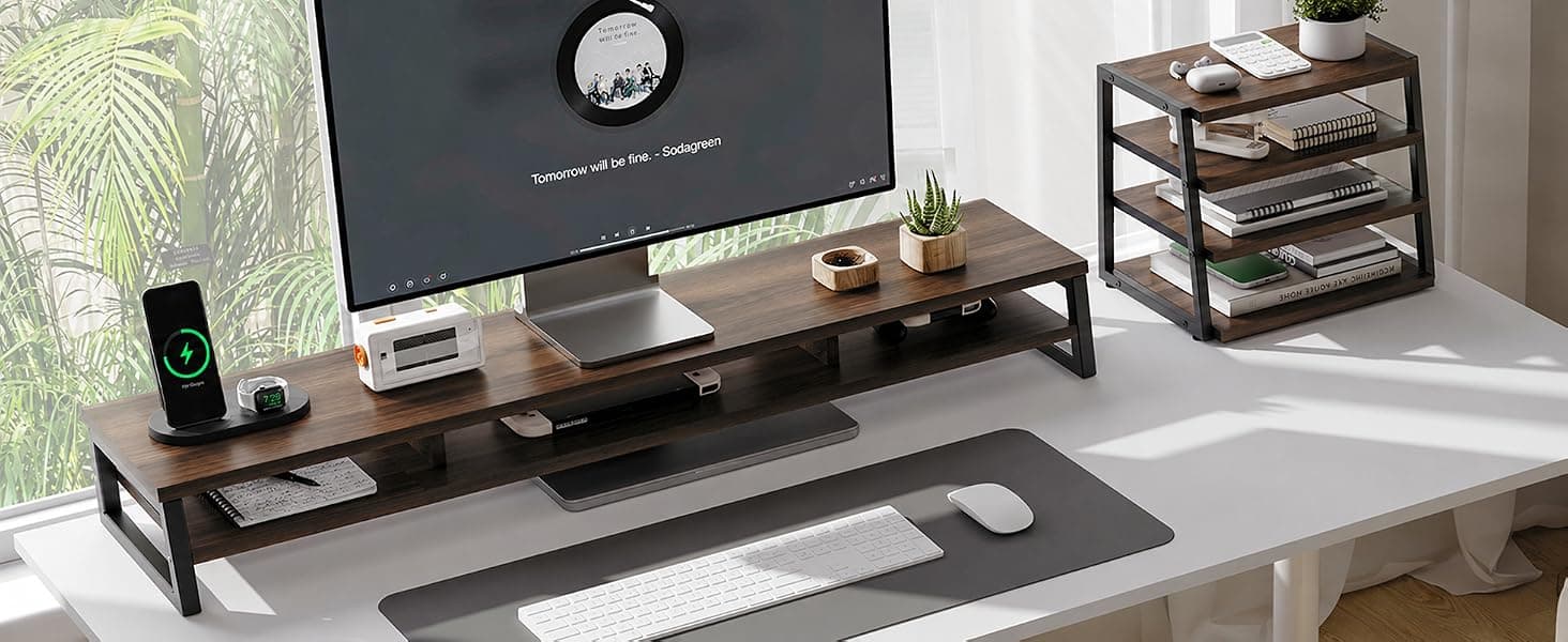 Fenge Dual Monitor Riser for Desk, Open Shelf with 3 Storage Compartments | 42.5in Computer Monitor Stand, 2-Tier Desk Shelf for Top of Desk, One-Piece Panel, fits Ultrawide Monitor, PC, Laptop, Brown