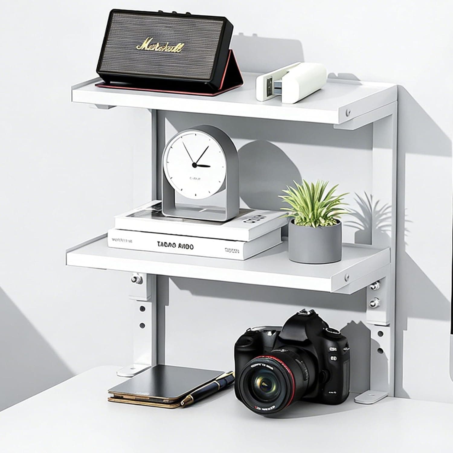 2-Tier Desk Shelf | Desk Organization Expandable Clamp on Desk Shelf Desktop Accessories for Offices and Game Rooms (Wood)