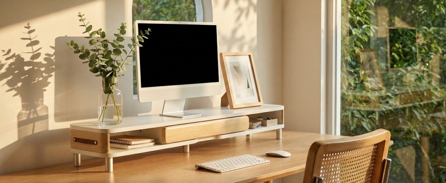Fenge Dual Monitor Riser for Desk, Open Shelf with 3 Storage Compartments | 42.5in Computer Monitor Stand, 2-Tier Desk Shelf for Top of Desk, One-Piece Panel, fits Ultrawide Monitor, PC, Laptop, Brown