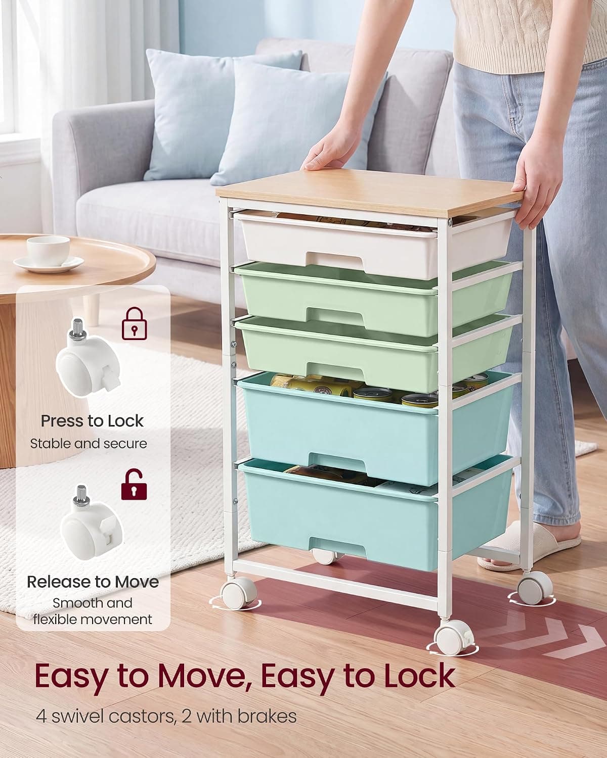 VASAGLE Rolling Cart with Drawers,5 Drawers Storage Cart, Green and White | Utility Cart, Craft Organizers and Storage, 15.6 x 11.2 x 24.8 inch, for Classroom, Office, Dorm, Metal, ULRC005C101