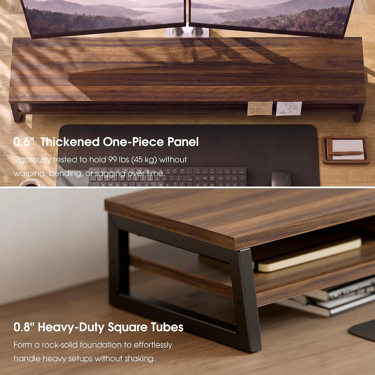 Fenge Dual Monitor Riser for Desk, Open Shelf with 3 Storage Compartments | 42.5in Computer Monitor Stand, 2-Tier Desk Shelf for Top of Desk, One-Piece Panel, fits Ultrawide Monitor, PC, Laptop, Brown