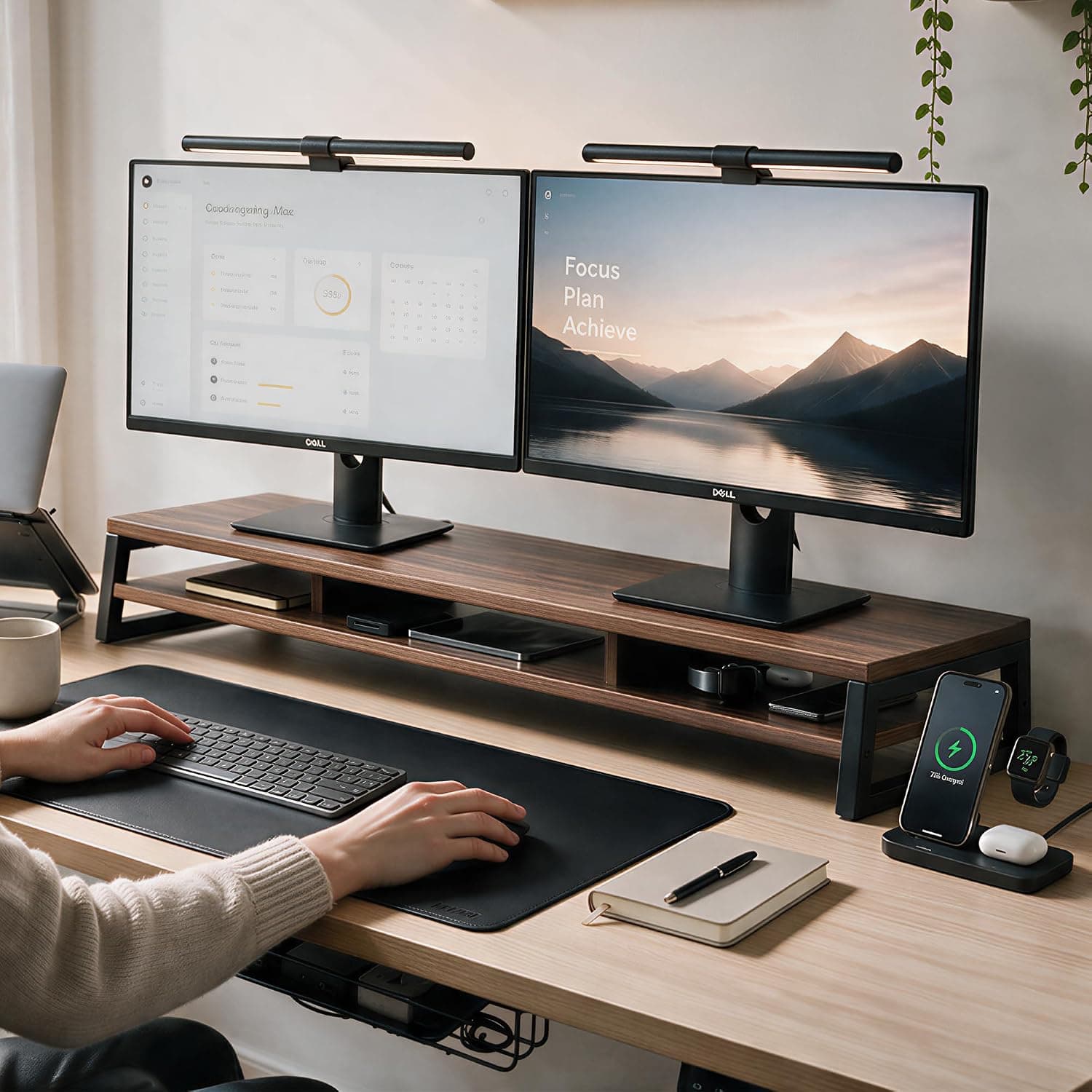 Fenge Dual Monitor Riser for Desk, Open Shelf with 3 Storage Compartments | 42.5in Computer Monitor Stand, 2-Tier Desk Shelf for Top of Desk, One-Piece Panel, fits Ultrawide Monitor, PC, Laptop, Brown