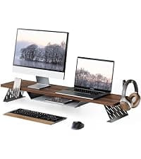 Fenge Dual Monitor Riser for Desk, Open Shelf with 3 Storage Compartments | 42.5in Computer Monitor Stand, 2-Tier Desk Shelf for Top of Desk, One-Piece Panel, fits Ultrawide Monitor, PC, Laptop, Brown