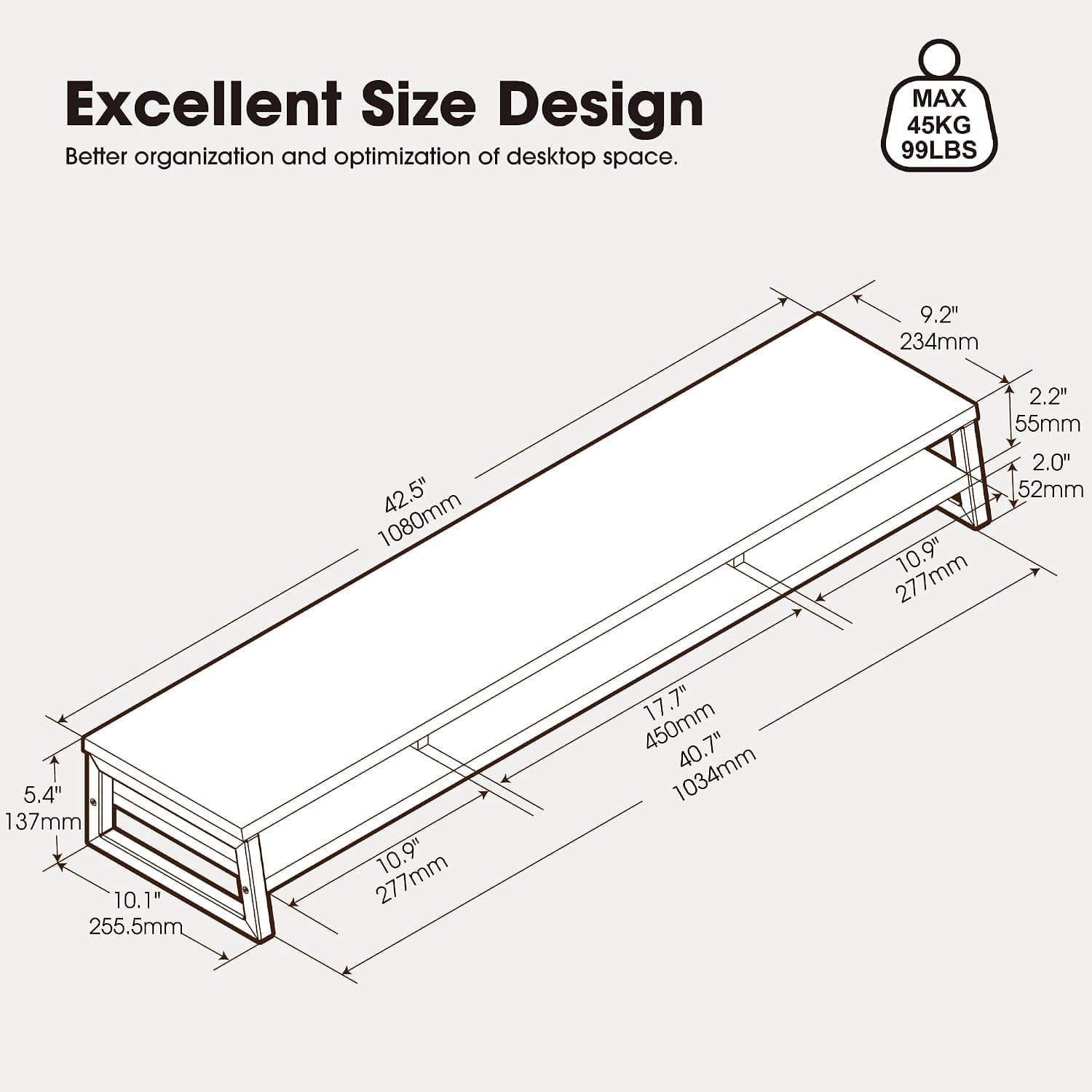 Fenge Dual Monitor Riser for Desk, Open Shelf with 3 Storage Compartments | 42.5in Computer Monitor Stand, 2-Tier Desk Shelf for Top of Desk, One-Piece Panel, fits Ultrawide Monitor, PC, Laptop, Brown