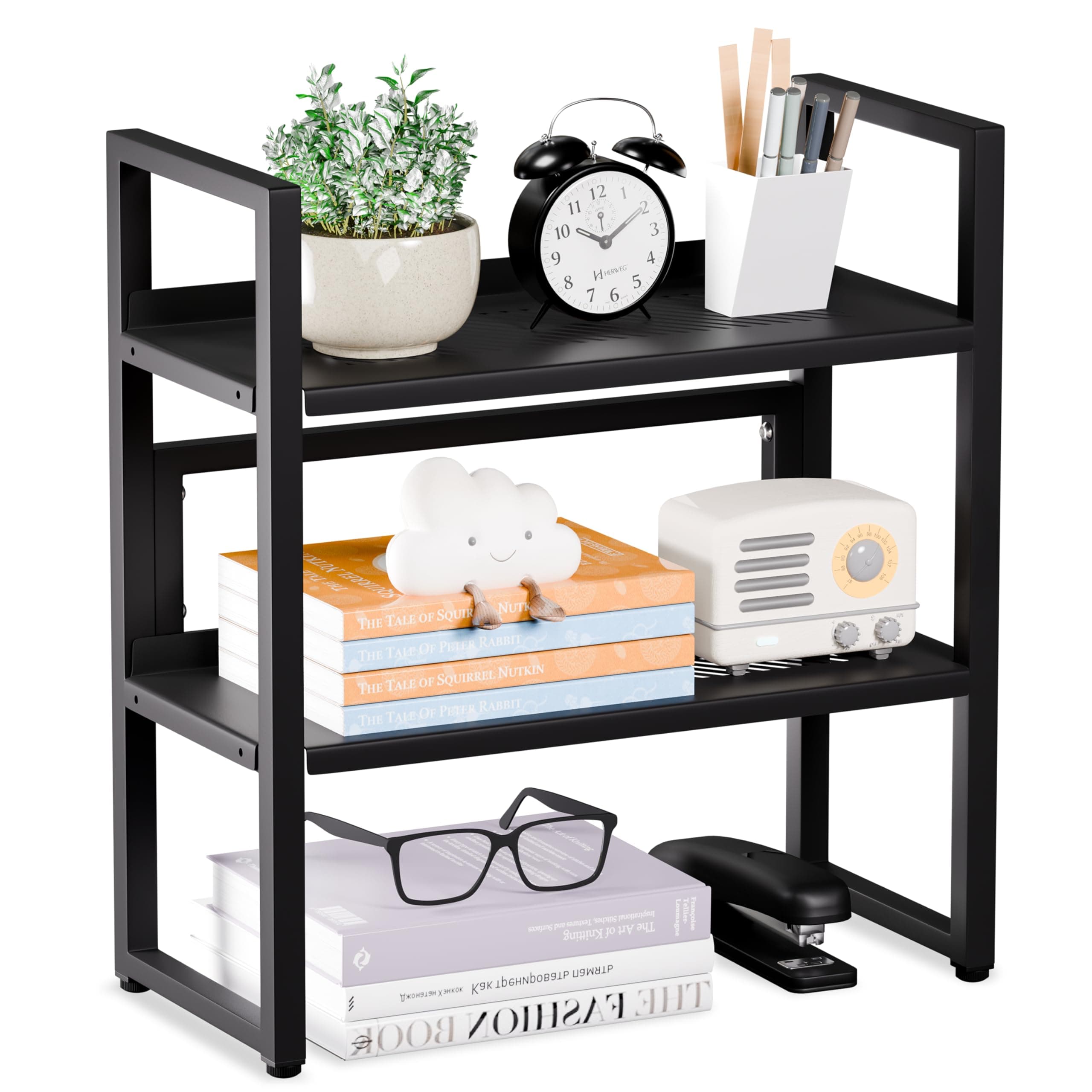Brakki Desk Shelf Organizer, 2-Tier Desktop Bookshelf, Small Office Shelf | Adjustable Shelf, Metal Desktop Rack for Dorm, with Foot Mat, Multi-Functional Organization, Black
