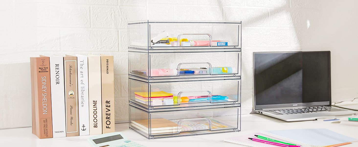 Vtopmart 12.1''W Clear Stackable Storage Drawers,3 Pack Acrylic Plastic Organizers Bins for Makeup Palettes, Cosmetics, and Beauty Supplies,Ideal for Vanity, Bathroom,Cabinet,Desk Organization