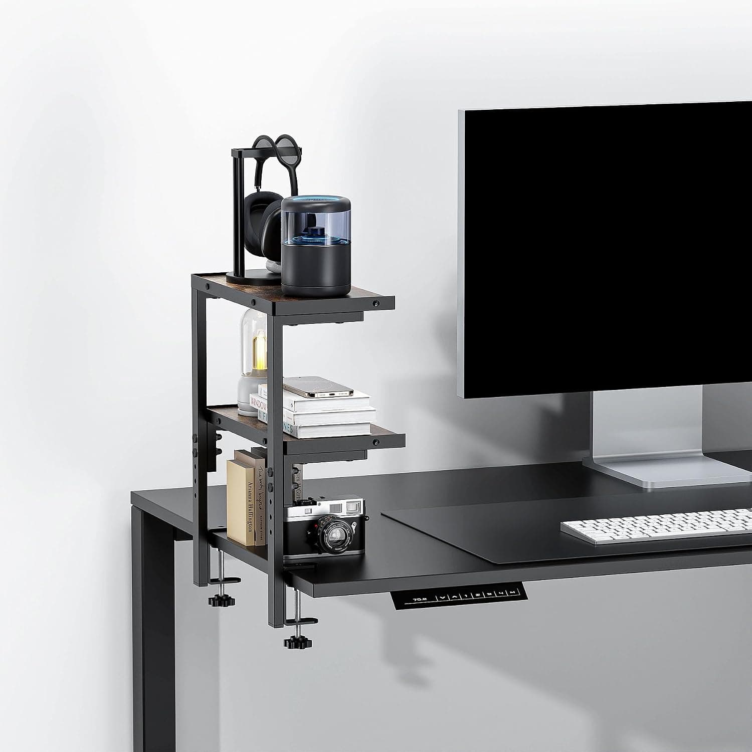 2-Tier Desk Shelf | Desk Organization Expandable Clamp on Desk Shelf Desktop Accessories for Offices and Game Rooms (Wood)