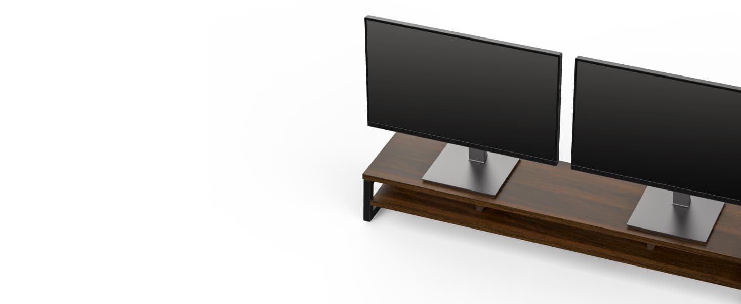 Fenge Dual Monitor Riser for Desk, Open Shelf with 3 Storage Compartments | 42.5in Computer Monitor Stand, 2-Tier Desk Shelf for Top of Desk, One-Piece Panel, fits Ultrawide Monitor, PC, Laptop, Brown