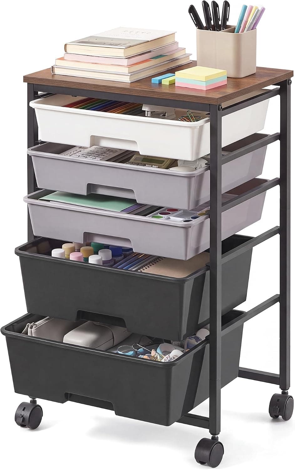 VASAGLE Rolling Cart with Drawers,5 Drawers Storage Cart, Green and White | Utility Cart, Craft Organizers and Storage, 15.6 x 11.2 x 24.8 inch, for Classroom, Office, Dorm, Metal, ULRC005C101