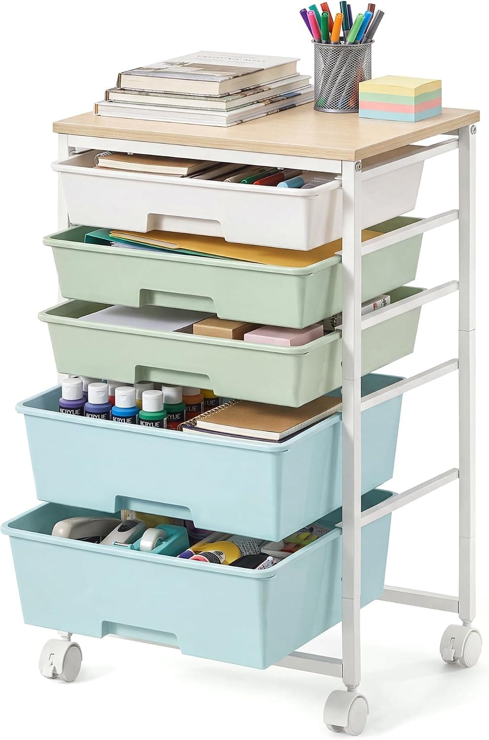 VASAGLE Rolling Cart with Drawers,5 Drawers Storage Cart, Green and White | Utility Cart, Craft Organizers and Storage, 15.6 x 11.2 x 24.8 inch, for Classroom, Office, Dorm, Metal, ULRC005C101