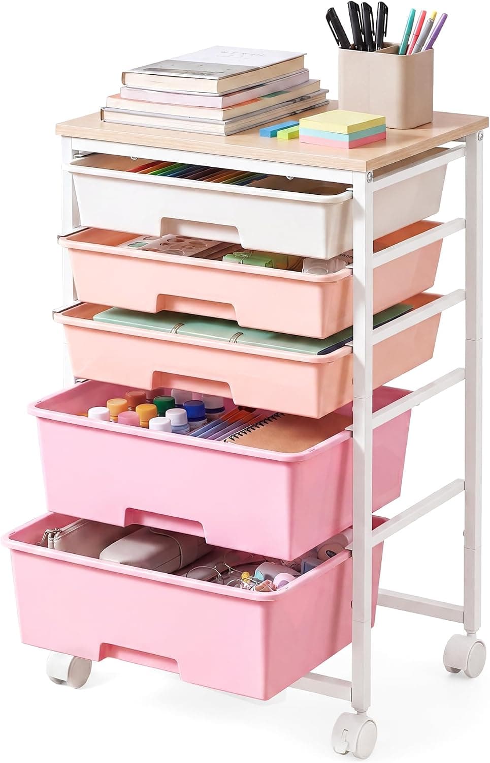 VASAGLE Rolling Cart with Drawers,5 Drawers Storage Cart, Green and White | Utility Cart, Craft Organizers and Storage, 15.6 x 11.2 x 24.8 inch, for Classroom, Office, Dorm, Metal, ULRC005C101