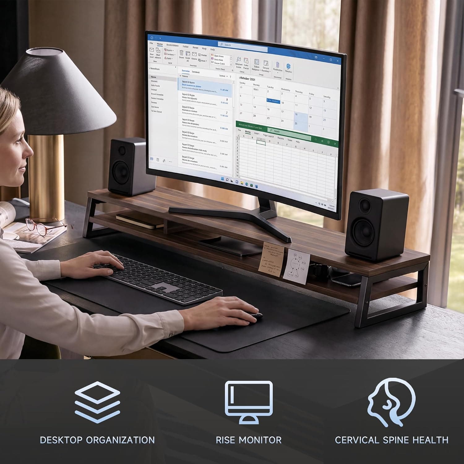 Fenge Dual Monitor Riser for Desk, Open Shelf with 3 Storage Compartments | 42.5in Computer Monitor Stand, 2-Tier Desk Shelf for Top of Desk, One-Piece Panel, fits Ultrawide Monitor, PC, Laptop, Brown