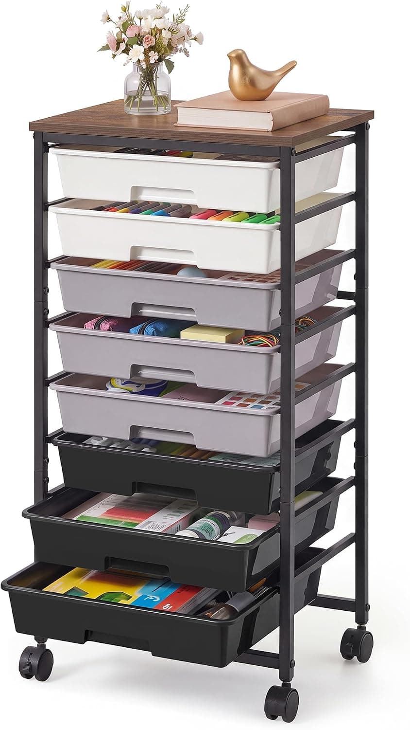 VASAGLE Rolling Cart with Drawers,5 Drawers Storage Cart, Green and White | Utility Cart, Craft Organizers and Storage, 15.6 x 11.2 x 24.8 inch, for Classroom, Office, Dorm, Metal, ULRC005C101