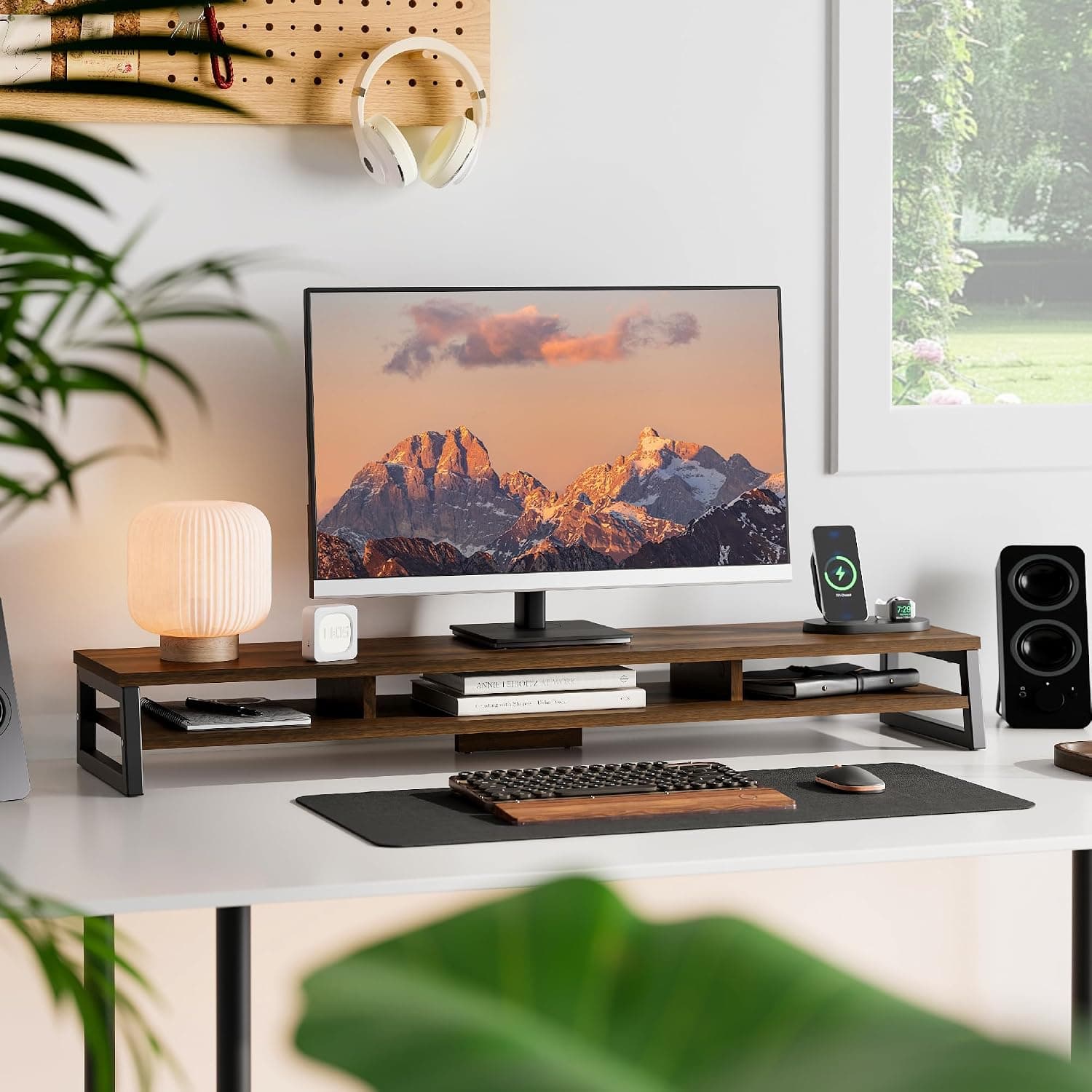 Fenge Dual Monitor Riser for Desk, Open Shelf with 3 Storage Compartments | 42.5in Computer Monitor Stand, 2-Tier Desk Shelf for Top of Desk, One-Piece Panel, fits Ultrawide Monitor, PC, Laptop, Brown