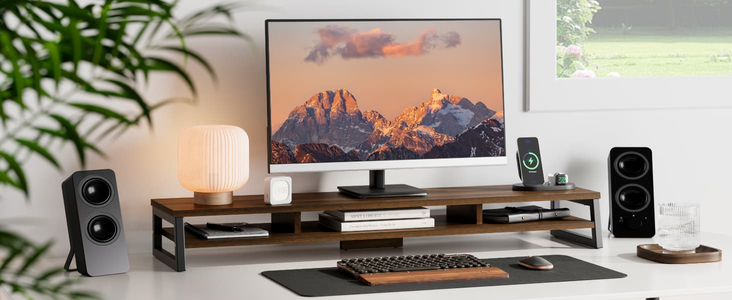 Fenge Dual Monitor Riser for Desk, Open Shelf with 3 Storage Compartments | 42.5in Computer Monitor Stand, 2-Tier Desk Shelf for Top of Desk, One-Piece Panel, fits Ultrawide Monitor, PC, Laptop, Brown