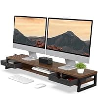 Fenge Dual Monitor Riser for Desk, Open Shelf with 3 Storage Compartments | 42.5in Computer Monitor Stand, 2-Tier Desk Shelf for Top of Desk, One-Piece Panel, fits Ultrawide Monitor, PC, Laptop, Brown