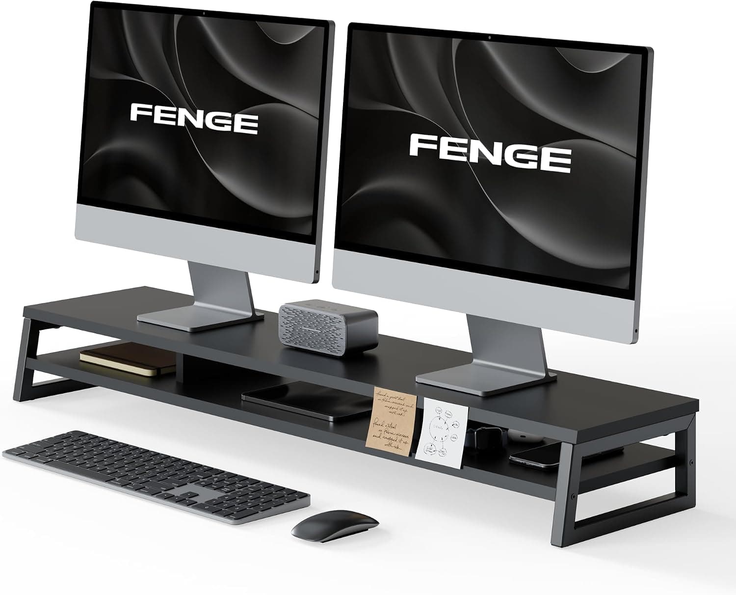 Fenge Dual Monitor Riser for Desk, Open Shelf with 3 Storage Compartments | 42.5in Computer Monitor Stand, 2-Tier Desk Shelf for Top of Desk, One-Piece Panel, fits Ultrawide Monitor, PC, Laptop, Brown