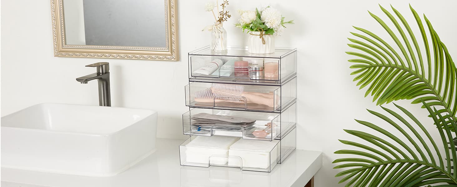 Vtopmart 12.1''W Clear Stackable Storage Drawers,3 Pack Acrylic Plastic Organizers Bins for Makeup Palettes, Cosmetics, and Beauty Supplies,Ideal for Vanity, Bathroom,Cabinet,Desk Organization