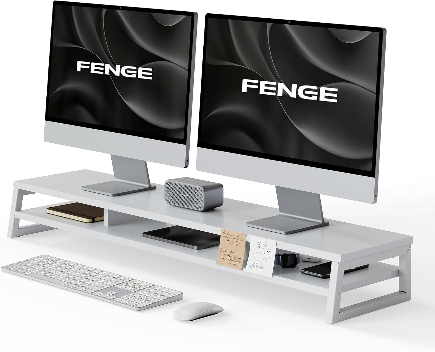 Fenge Dual Monitor Riser for Desk, Open Shelf with 3 Storage Compartments | 42.5in Computer Monitor Stand, 2-Tier Desk Shelf for Top of Desk, One-Piece Panel, fits Ultrawide Monitor, PC, Laptop, Brown