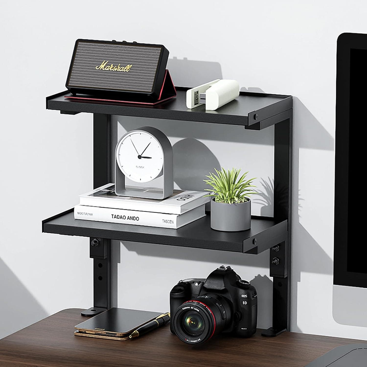 2-Tier Desk Shelf | Desk Organization Expandable Clamp on Desk Shelf Desktop Accessories for Offices and Game Rooms (Wood)