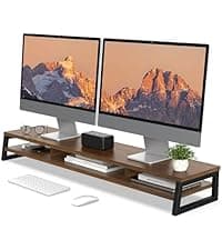Fenge Dual Monitor Riser for Desk, Open Shelf with 3 Storage Compartments | 42.5in Computer Monitor Stand, 2-Tier Desk Shelf for Top of Desk, One-Piece Panel, fits Ultrawide Monitor, PC, Laptop, Brown