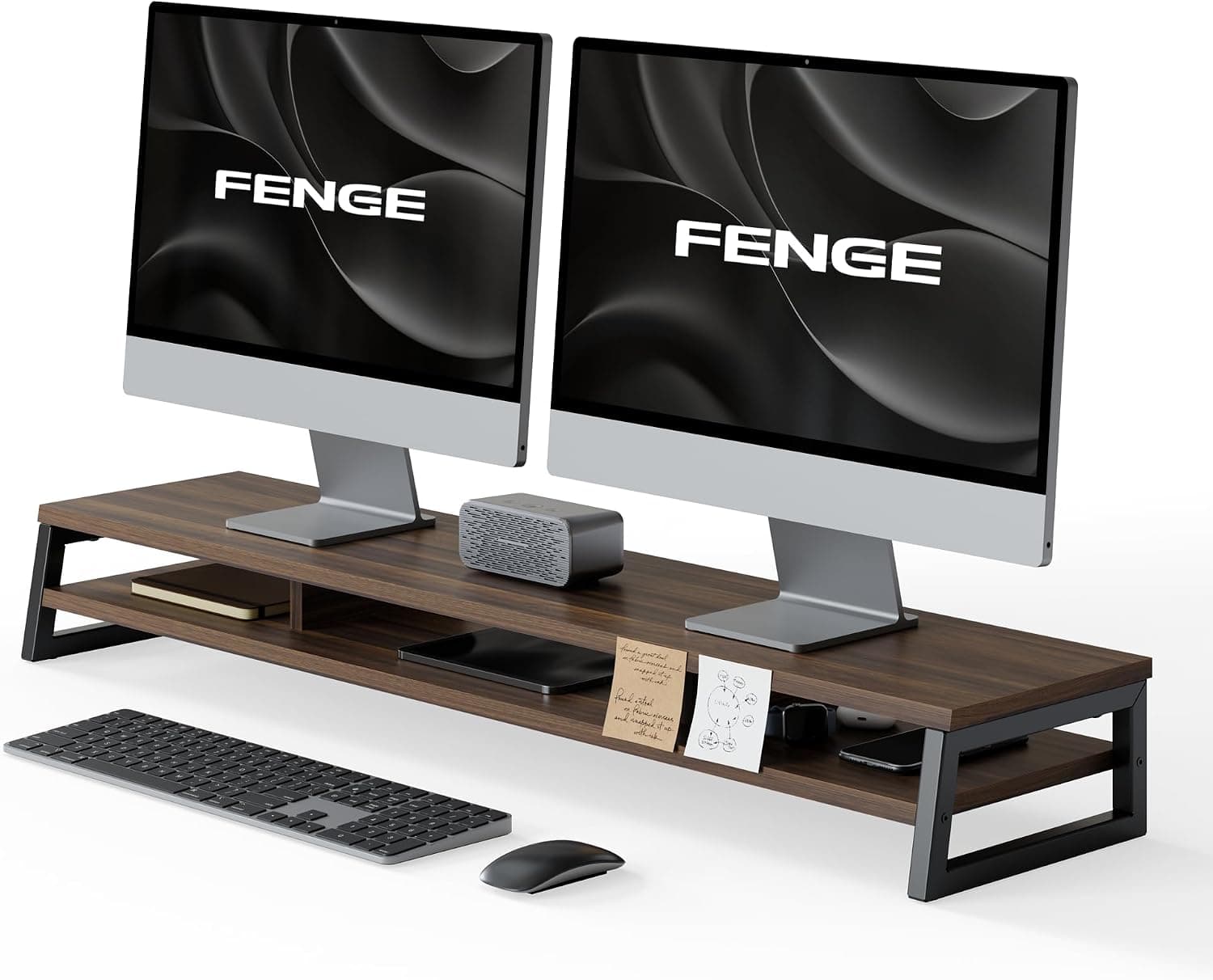 Fenge Dual Monitor Riser for Desk, Open Shelf with 3 Storage Compartments | 42.5in Computer Monitor Stand, 2-Tier Desk Shelf for Top of Desk, One-Piece Panel, fits Ultrawide Monitor, PC, Laptop, Brown