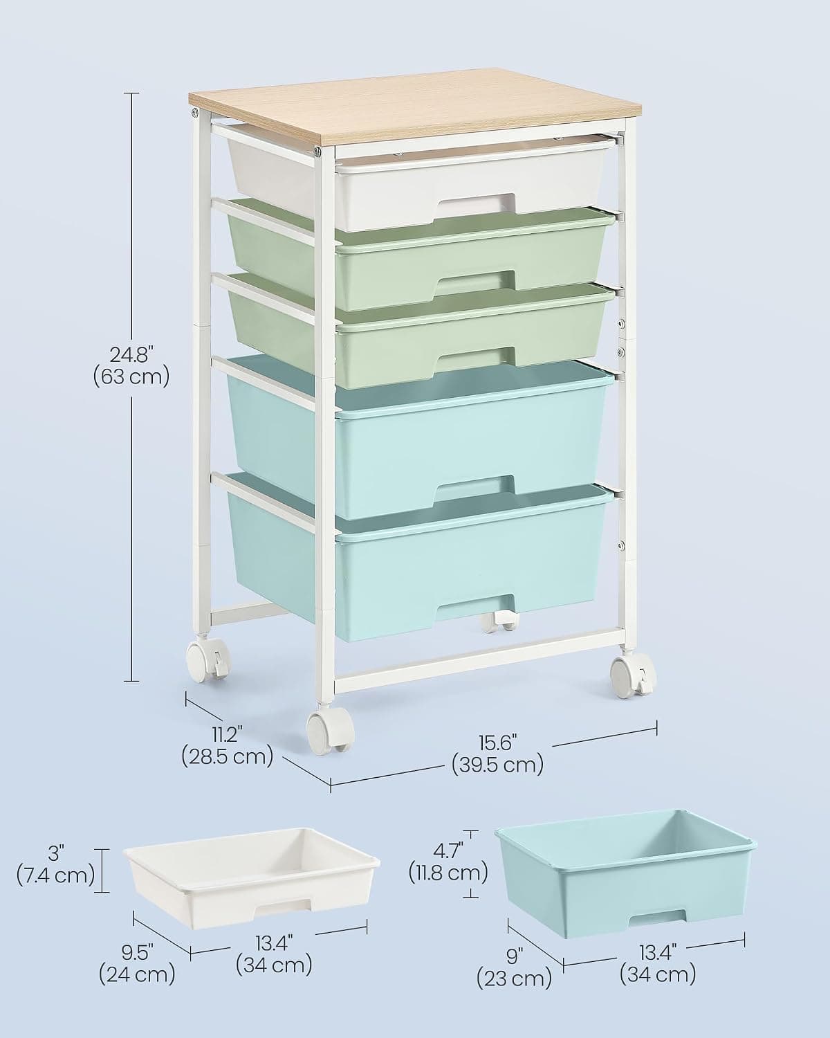 VASAGLE Rolling Cart with Drawers,5 Drawers Storage Cart, Green and White | Utility Cart, Craft Organizers and Storage, 15.6 x 11.2 x 24.8 inch, for Classroom, Office, Dorm, Metal, ULRC005C101