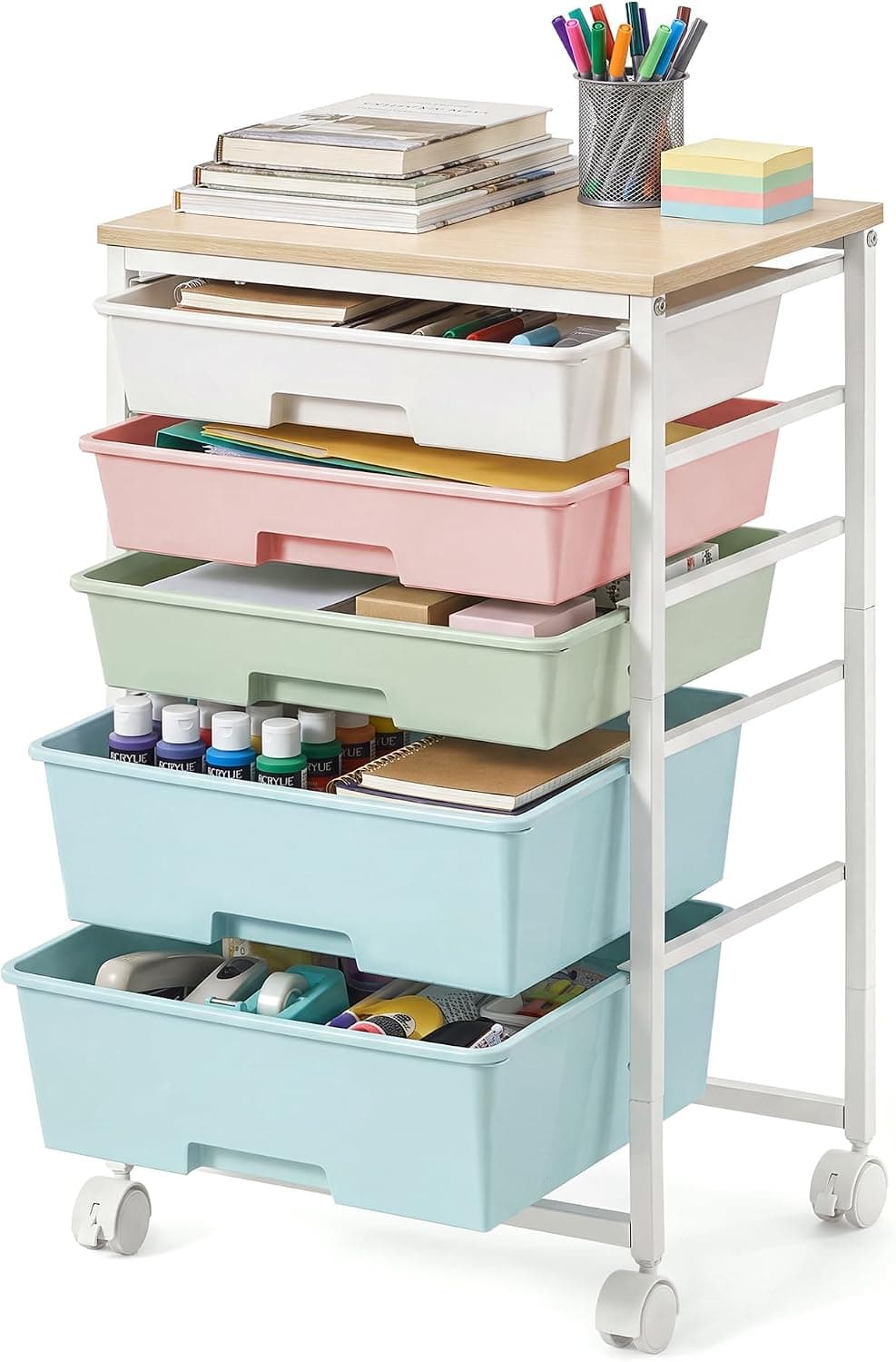 VASAGLE Rolling Cart with Drawers,5 Drawers Storage Cart, Green and White | Utility Cart, Craft Organizers and Storage, 15.6 x 11.2 x 24.8 inch, for Classroom, Office, Dorm, Metal, ULRC005C101