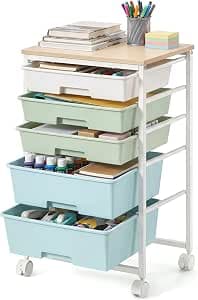 VASAGLE Rolling Cart with Drawers,5 Drawers Storage Cart, Green and White | Utility Cart, Craft Organizers and Storage, 15.6 x 11.2 x 24.8 inch, for Classroom, Office, Dorm, Metal, ULRC005C101